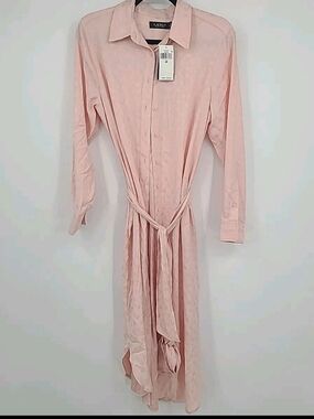 Lauren Ralph Lauren Blush Pink Long-Sleeve Shirt Dress with Tie Waist